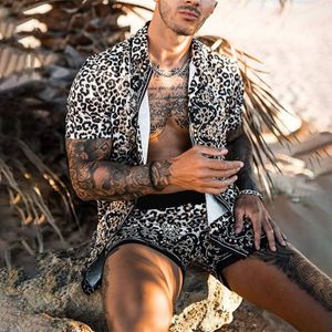 Herrspårar Summer European och American Men's Wear Leopard Print Fashion Short-Sleeve Shirt Beach Casual Suit S-3XL 230717