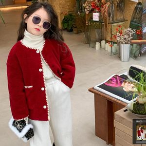 Jacken Babymantel Lammwolle Fleece Baumwolle gepolstert Rundhals Winterkleidung für Mädchen Kinderjacke Rote Strickjacke Knopf Kleinkind 3 bis 8 Jahre