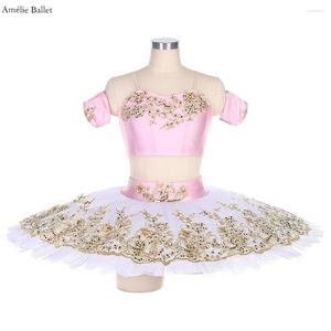 Sahne Giyim BLL453 Pembe Spandex Sütyen Üstü Beyaz Piled Tül Gözleme Tutu Tutu Etekler Yetişkin Kızlar 2 PCS Öncesi Bale Dans Kostümü