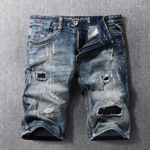 Erkekler Kot Ly Tasarımcı Moda Erkekler Yaz Elastik Vintage Retro Mavi Yırtıcı Kısa Homme Patchwork Günlük Denim Şort