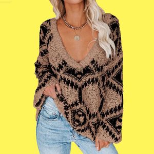 Women's Sweaters Women's Sweater 2022 Autumn Winter Mixed Color Loose Lady Knitwear Sexy Deep V-Neck Korean Print Tops Casual All-match Pullovers L230718