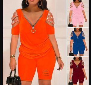 Women Summer Rhinestone Cold Shoulder Cutout Zipper Top & High Waist Shorts Set