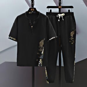 Herrspårar (skjortabyxor) Kinesisk stil Set Short Sleeve T-shirt Pant Two-Piece broderade kostymer Male Home Clothing 2202