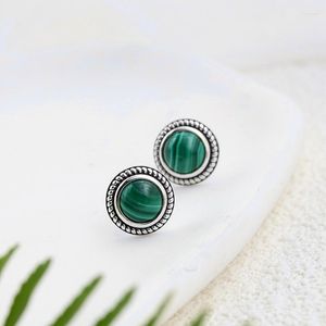Stud Earrings Authentic 925 Sterling Silver Earring Inlaid Natural Malachite Retro National Style Antique Lady Jewelry Gift