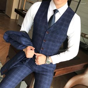 Men's Suits ( Vest Pants ) 2Pce Set Mens Fashion Plaid Slim Casual Business Suit Groom Wedding Dress Formal Waist Coat Trousers