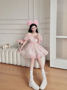 Female high waist princess wind short puff sleeves pink printed flower mesh fabric ball desinger dress skirt