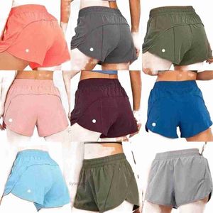 Lululemens Shorts femininos de ioga com bolso com zíper, cintura alta, secagem rápida, Lulus Lemon, trem curto, estilo solto, respirável, academia, Aloyoga 8090