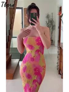 Artı boyutu elbiseler askısız baskılı pileli ince fit uzun dres yaz sırtsız yay up maxi vestidos ziyafet gece elbisesi 230718