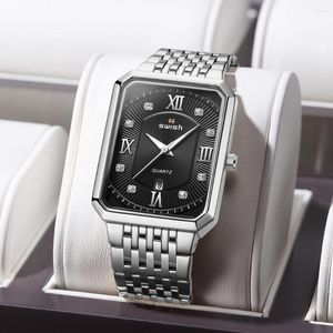 腕時計のスイッシュシンプルなメンドレスビジネスクォーツ長方形の腕時計黒い顔バターフライクラスプ日付クロックトップブランド