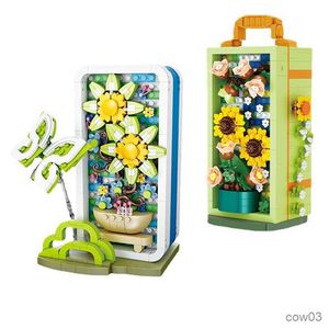 Blocks Sunflower Micro Particle Flower Butterfly Cabinet Model Building Block Creative MINI Potted Bricks Kids Toys decor Gifts R230718