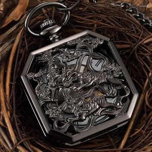 Pocket Watches Square Luxury Black Mechanical Watch Men Lucky Chinese Kirin Tiger China Animal Brave Symbol Male Pendant Chain FOB Clock