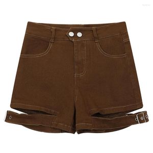 Kvinnors shorts dubbelknapp justerbar klipp ut denim frayed designer ihåliga brun jean kort y2k kvinnor sommarkläder 2023