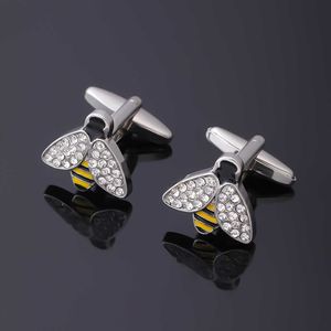 Manschettlänkar ol Pretty Bumble Bee Cufflinks White Rhinestone Yellow Black Emamel Honeybee Cuff Links Shirt Suit Tuxedo Sleeve Button HKD230718