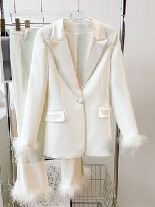 Women's Two Piece Pants HIGH STREET est 2023 Fashion Designer Runway Suit Set Women Slim Single Button Feather Embellished Blazer 230718