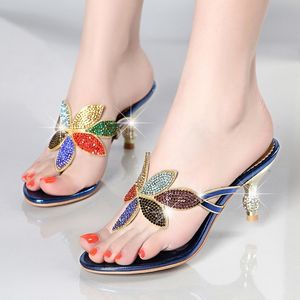 Summer Gold Women Shoes Designer Blue Beach Female Slides Crystal Sandals Slippers High Heel Flip Flops C C
