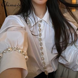 Women's Blouses Shirts Ladies Fashion Elegant Beaded Puff Sleeve White Shirt Women 2023 Spring Western Style Trendy Diamond Top 230718