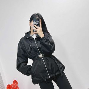 Women's spring hooded waist slimming short jacket, nylon fabric feels comfortable, belt slimming detachable, simple and stylish style.