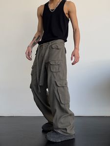 Calças masculinas street retrô casual bolsos grandes cobrem homens e mulheres verão cintura alta soltas calças retas 230718