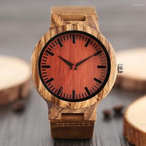 Armbanduhren Zebrawood Wooden Herren-Quarz-Armbanduhr aus echtem Leder, rote Sekunden, einfaches 12-Stunden-Skala-Zifferblatt, natürliche Mode-Mann-Uhr