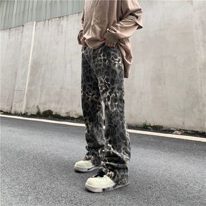 Męskie dżinsy Kompletne lampart prosto linii Brem Pants Mężczyzna żeńska dżinsowa streetwear swobodny klimat duży luźne ubranie 230718