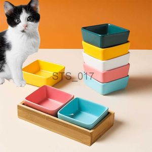 Dog Bowls Feeders Other Pet Supplies 12PC 150ML Cat And Puppy Square Ceramic Bowl Bamboo Wooden Tray Leakproof Small Pet Feeder Durable Food Bowl Kitchen Supplies x07