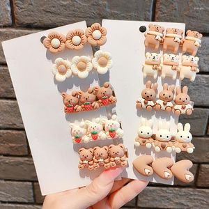 Saç Aksesuarları Kore 2pcs Sevimli Karikatür Bear Floral Pin Çocuk Bebek Bebek Barrettes Kahve Renkli Heapear Çocuklar