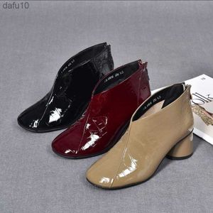 2022 Block Heel Ankle Boots Woman Winter Warm Shoes Short Boots Women's Boasties Square Toe Patent Leather Fashion Black Wine-Red L230704