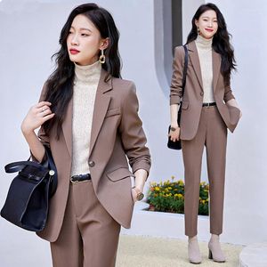 Calças femininas de duas peças terno cor de café estilo outono feminino estilo temperamento roupas de negócios roupas de trabalho jaqueta casual