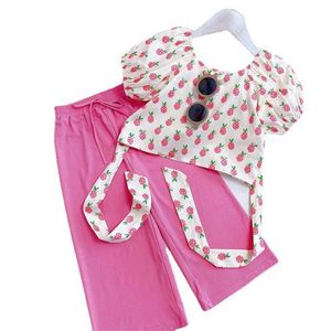 Zestawy odzieży Summer Girls Suit Kids Chifon Koszulka szerokie spodnie nogawki Dwuczęściowe dzieci dzieci kwiatowe krótkie sale ubrania dla dzieci