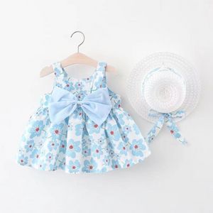 2pcs夏の服女のビーチドレスカジュアルファッションプリントかわいい弓花王女ドレス+帽子新生服セット