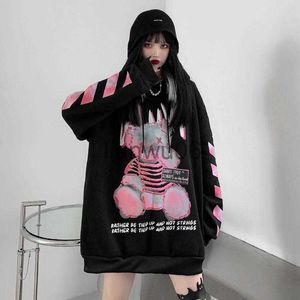 Kadın Hoodies Sweatshirts Karikatür Punk Hoodie Street Giyim Siyah Hip Hop Kadın Amine Sweatshirt Sıradan Sonbahar Yüksek Sokak Ayı Hoodies Komik Harajuku T J230718