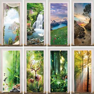 Wall Stickers 2pcsset Forest Door Mural Sticker Adhesive Jungle Landscape Whole Wrap Cover Po Wallpaper Apartment Home Renovation 230717