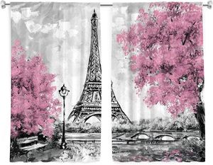 Tenda Torre Eiffel Tende da cucina Pittura a olio Alberi Francia Città Paesaggio Arte europea Stampa Design Cafe Piccole tende per finestre 2