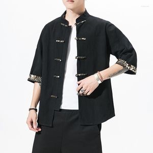 Roupa étnica Chinês Estilo Tradicional Camisa Meia Manga Vintage Masculino Moda Hip Hop Streetwear Masculino Blusa Curta Camisas 5Xl