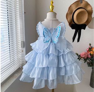 Varejo novo vestido de flores de bolo de borboleta para meninas, vestido de festa de aniversário infantil princesa doce 2-7 T