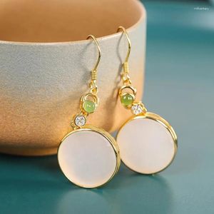 Dangle Earrings Design Natural Hetian White Jade Disc Chinese Style Retro Bohemian Designer Craft Charm Women's Silver Jewelry