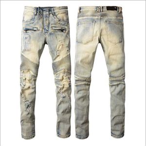 Designer Mens Jeans Hip-Hop Fashion Zipper Hole Wash Jean Pants Retro rivna Fold Stitching Men Design Motorcykel Riding Cool