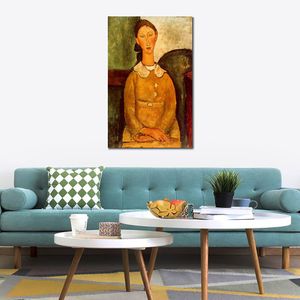 Handgefertigte Wandkunst auf Leinwand, ein Mädchen im gelben Kleid, Amedeo Modigliani, Gemälde, Porträt, Kunstwerk, moderne Hoteldekoration