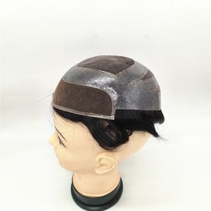 Heiß verkaufte menschliche Remy-Haarteile, Schweizer Spitzenfront, freier Scheitel, Poly- und Spitzen-Männertoupet, handgebundene Prothese