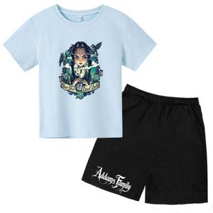 Kleidungssets für Kinder, Sommer, Mittwoch, Addams Family, Aufdruck, lässig, kurze Anzüge, 4–14 Jahre, Jungen und Mädchen, 2 Stück, T-Shirts + Hosen, Sport-Outfits, Kleidungssets