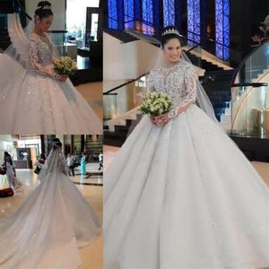 Luxurious Muslim Ball Gown Wedding Dresses Jewel Neck Lace Appliques Beads Sequins Long Sleeves Cathedral Train Arabic Formal Brid2576