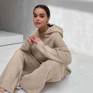 Autumn Knitted Sweat Suits Women Matching Sets Long Sleeve Hoodie+wide-legged Pants Loungewear Sweater Two Piece Outfits Y0625
