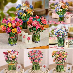 5pc gratulationskort 3D Pop Up Flower Multi-Style Bouquet Födelsedagskort tack Vykort Mors dag Bröllopspresent Y2303