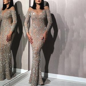 Altın Uzun Kollu İnce Seksi Elbise Sezon Lüks Sequin Crystals Denizkızı muhteşem gece elbiseleri benzersiz tasarım baloları198g