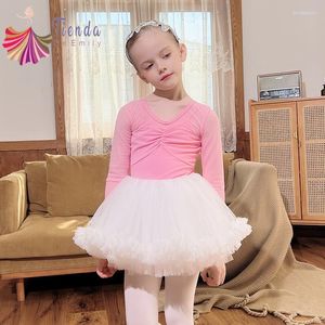 Stage Wear Classic Long Sleeve Leotard Dance Ballet Dress Kids Girls Fluffy Tutu Skirt 4 Layers Performance Training Outfit Rhythmic Gym