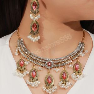 Vintage lusso rosso cristallo esagerato grande collana orecchino da donna placcato oro lungo nappa set di gioielli matrimoni banchetto regalo