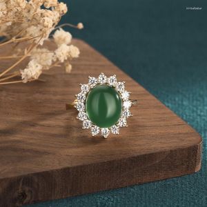 Wedding Rings China Style Copper Gold-Plated Inlaid Green Natural Jade Ring Covered White Zircon Crystal For Women Hand Finger Jewelry
