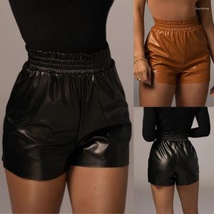 Shorts femininos verão calças de couro PU europeu e americano sexy cintura alta quadril solto perna larga mulheres