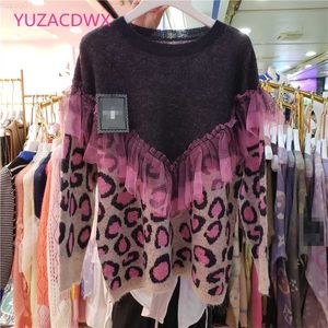 Kvinnors tröjor Stylish Leopard Print Pullover Knit Topps Kvinnor Kontrast Color Mesh Ruffled Patchwork Sweaters Autumn Loose Mujer Jumpers L230718