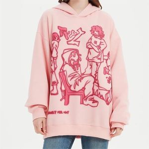 Hand painted street clothes Pink Hoodie Sweatshirt Funny cartoon pattern Hoodie Autumn Harajuku graffiti Hoodie pullover